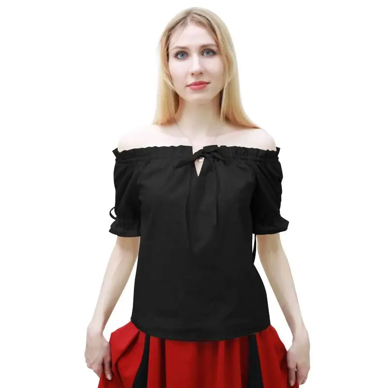 DAZCOS Ruffle Off Shoulder Blouse Lace Up Sleeve Peasant Tops Renaissance Medieval Pirate Tank Shorts 2023 Summer Short Shirt