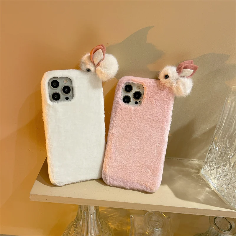 Cute Plush Stereo Rabbit Phone Case Kawaii Korea Furry Cartoon Fall Protection For iPhone 15 14 13 Pro Max 16Pro 15Pro Girl