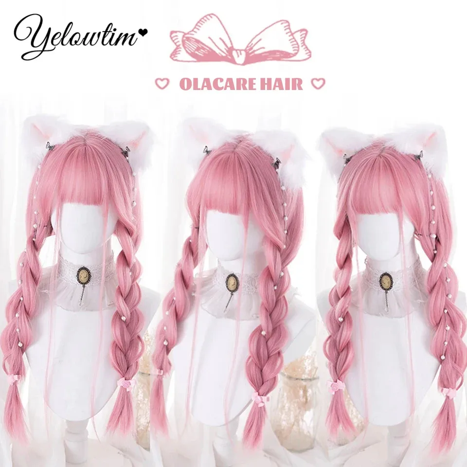 Yelowyim Cosplay Perücke mit Pony synthetisches glattes Haar 24 Zoll lange hitze beständige rosa Perücke für Frauen