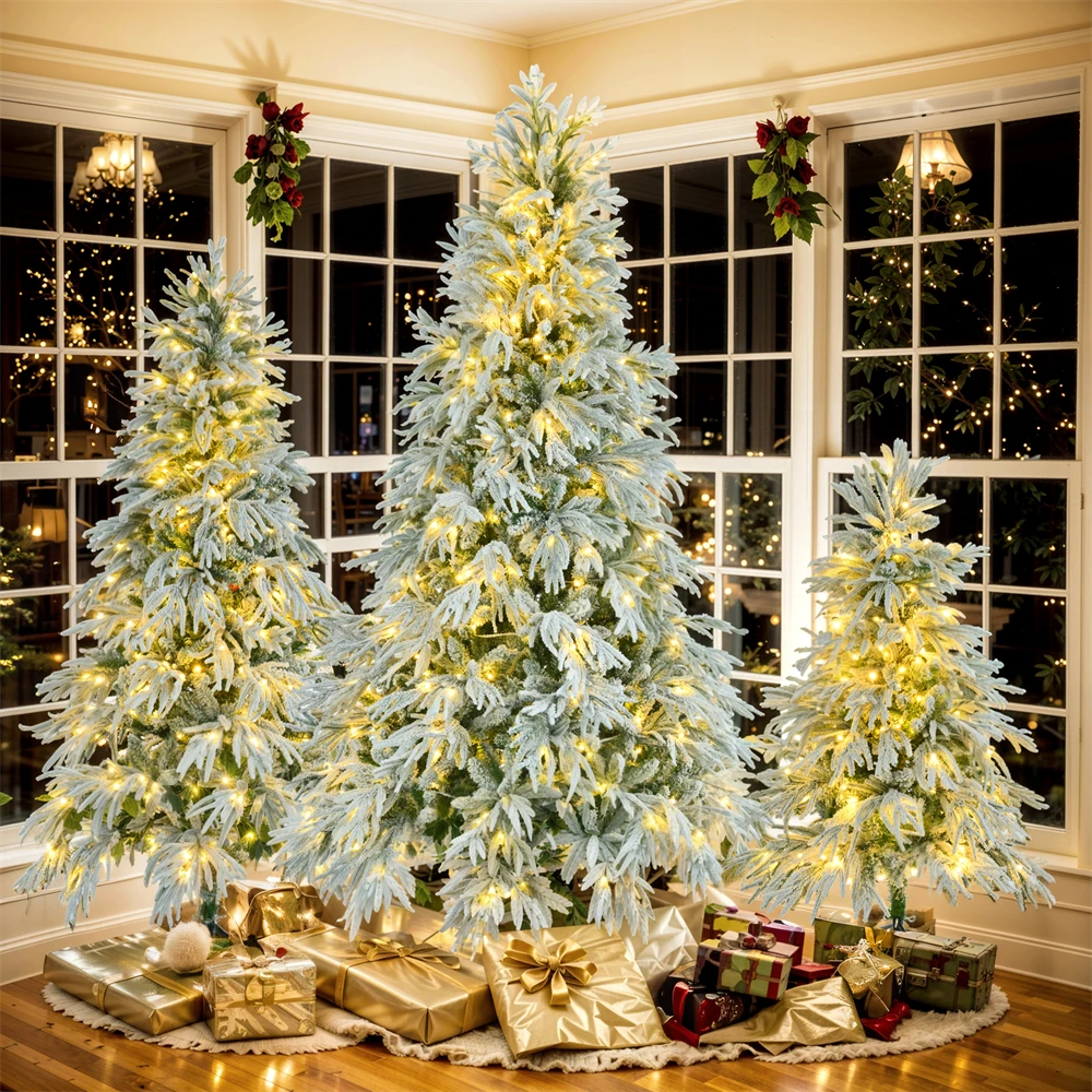 Spruce Snow Flocked Christmas Tree Set-4FT, 6FT, 7.5FT, Artificial Hinged Xmas Tree with 800 Warm-Yellow & Colorful LED Lights