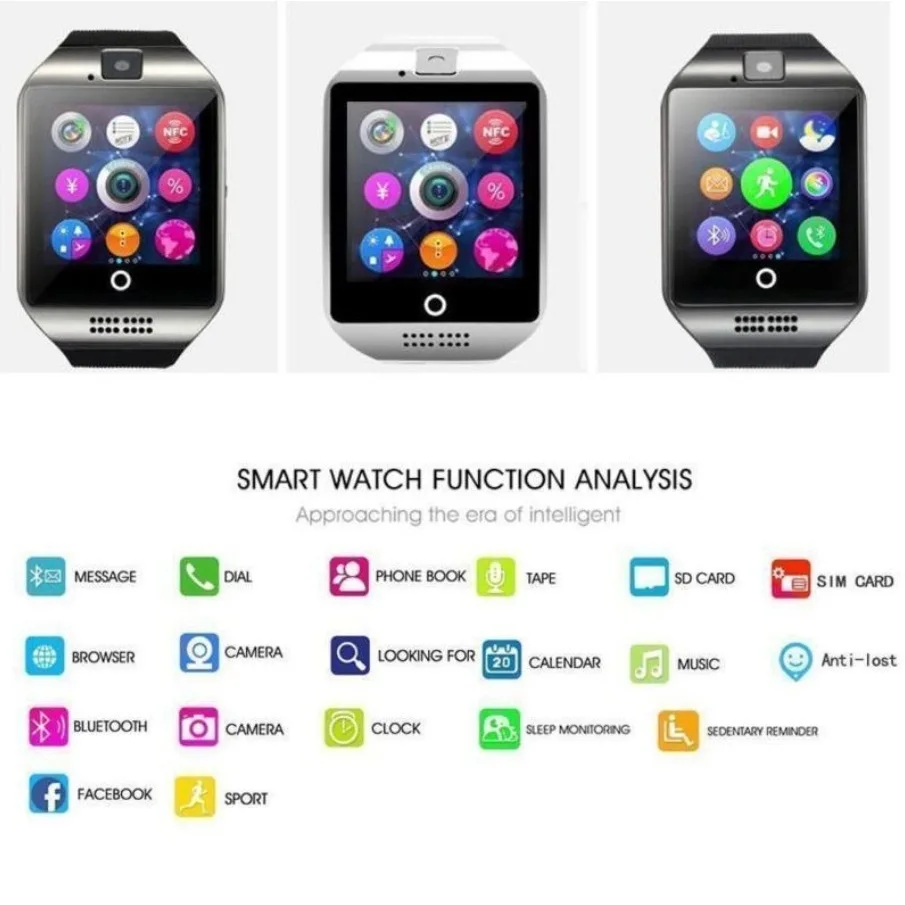 Q18 bluetooth-compatível relógio inteligente com cam facebook whatsapp twitter sync esporte smartwatch suporte cartão sim pk dz09