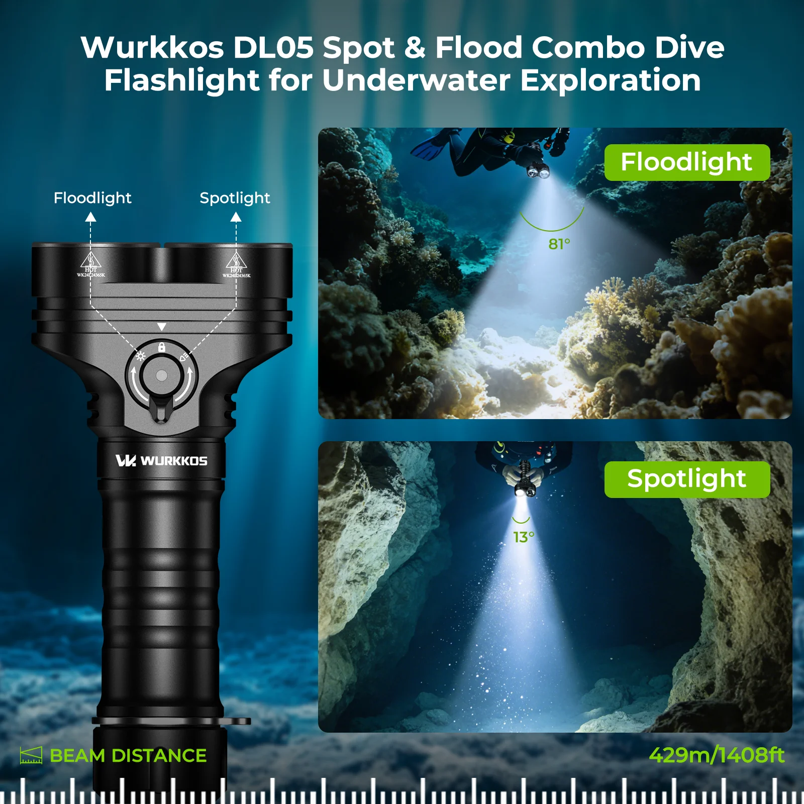 Wurkkos DL05 Diving Flashlight 6000 Lumens Rechargeable 26800 Battery Magnetic Switch New Professional Diving Flashlight