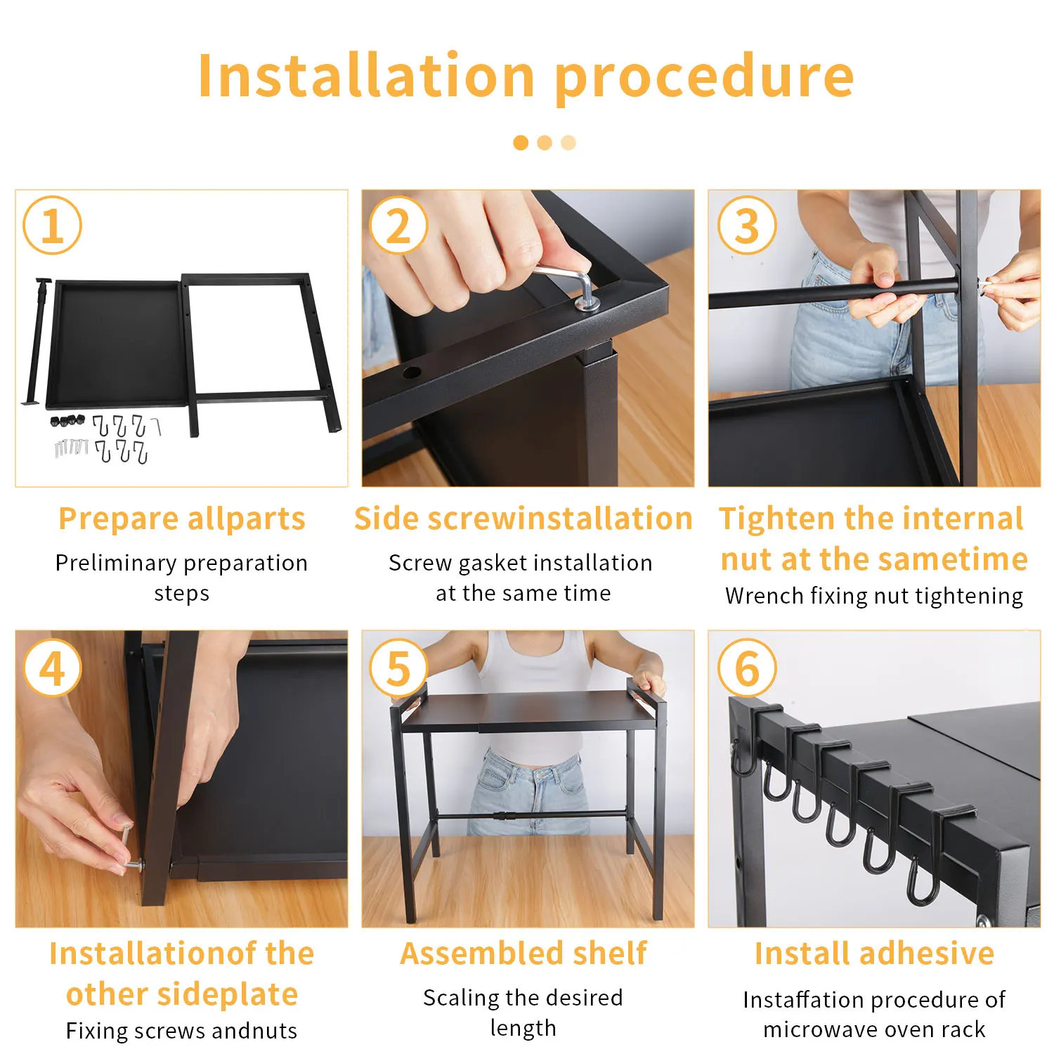 Mikrowellenregal-Organizer, Ofenregal aus Kohlenstoffstahl, erweiterbar 38–64 cm, Küchenaufbewahrung mit 6 Haken für Küchenarbeitsplatten-Organizer – Detail 5
