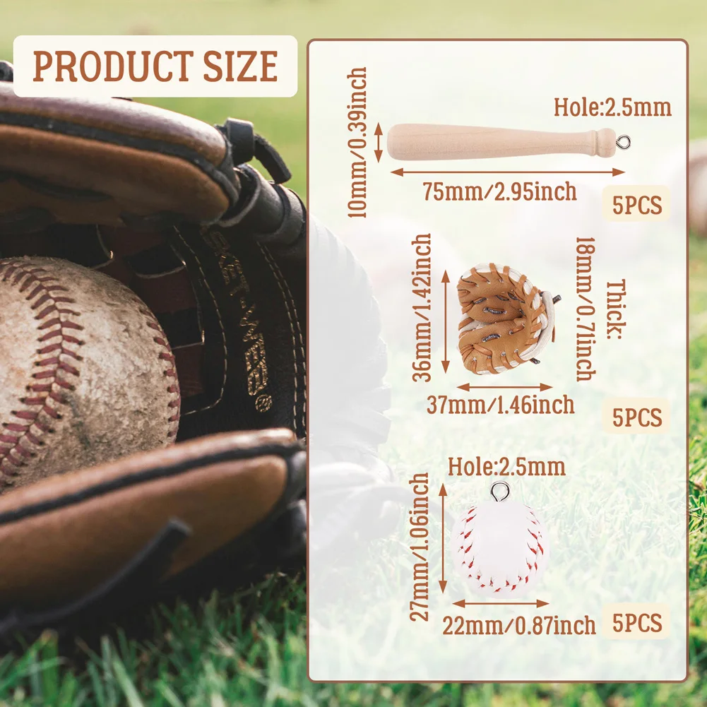 15Pcs/box PU Leather Wood Baseball Exercise Pendants Glove Bat Baseball Charms for for DIY Earrings Keychain Decoration Findings