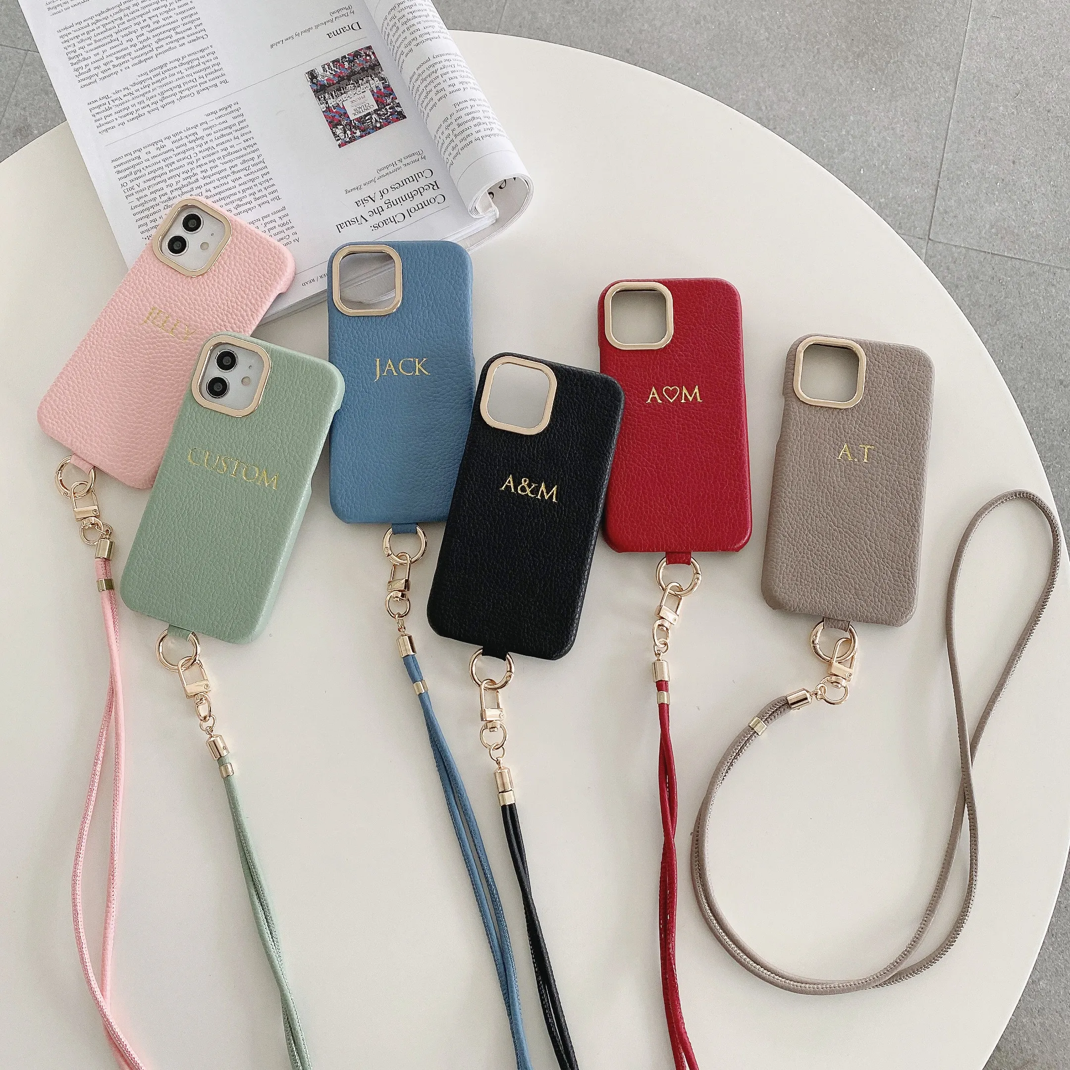 Customized engraved name letter Leather Phone Case for iPhone16 11 12 13 14 15ProMax Protective Crossbody Lanyard Phone Case