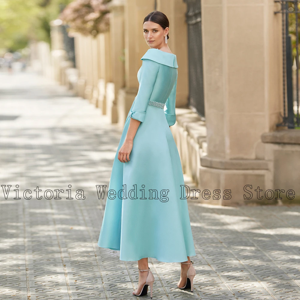 Elegante Moeder Van De Bruid Jurken O Hals 3/4 Mouwen Wedding Partij Jassen Parels Boog A-lijn Thee-Length Robe de Soiree Femme