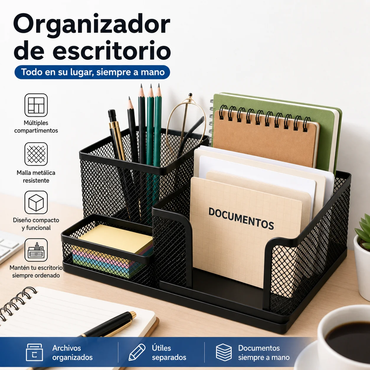 Organisateur de bureau en métal à plusieurs compartiments, porte-stylos et porte-documents pour le bureau et l'étude, disponible en noir et gris