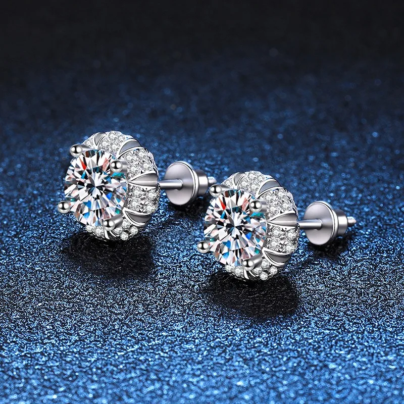 

1 Carat Moissanite Threaded Stud Earrings Floral Bullet Design 925 Sterling Silver Jewelry for Women