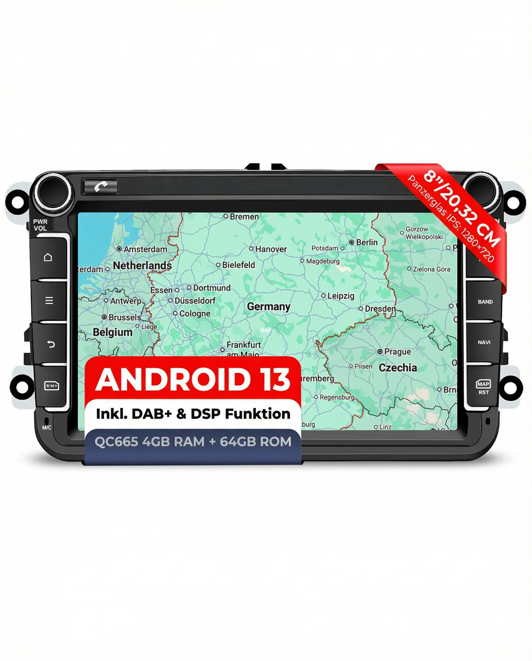 Autoradio Android 13 AV8V7 pour VW Skoda Seat 8 pouces 4 Go + 64 Go GPS 4G SIM CarPlay Android Auto DAB + Navigation GPS Canbus