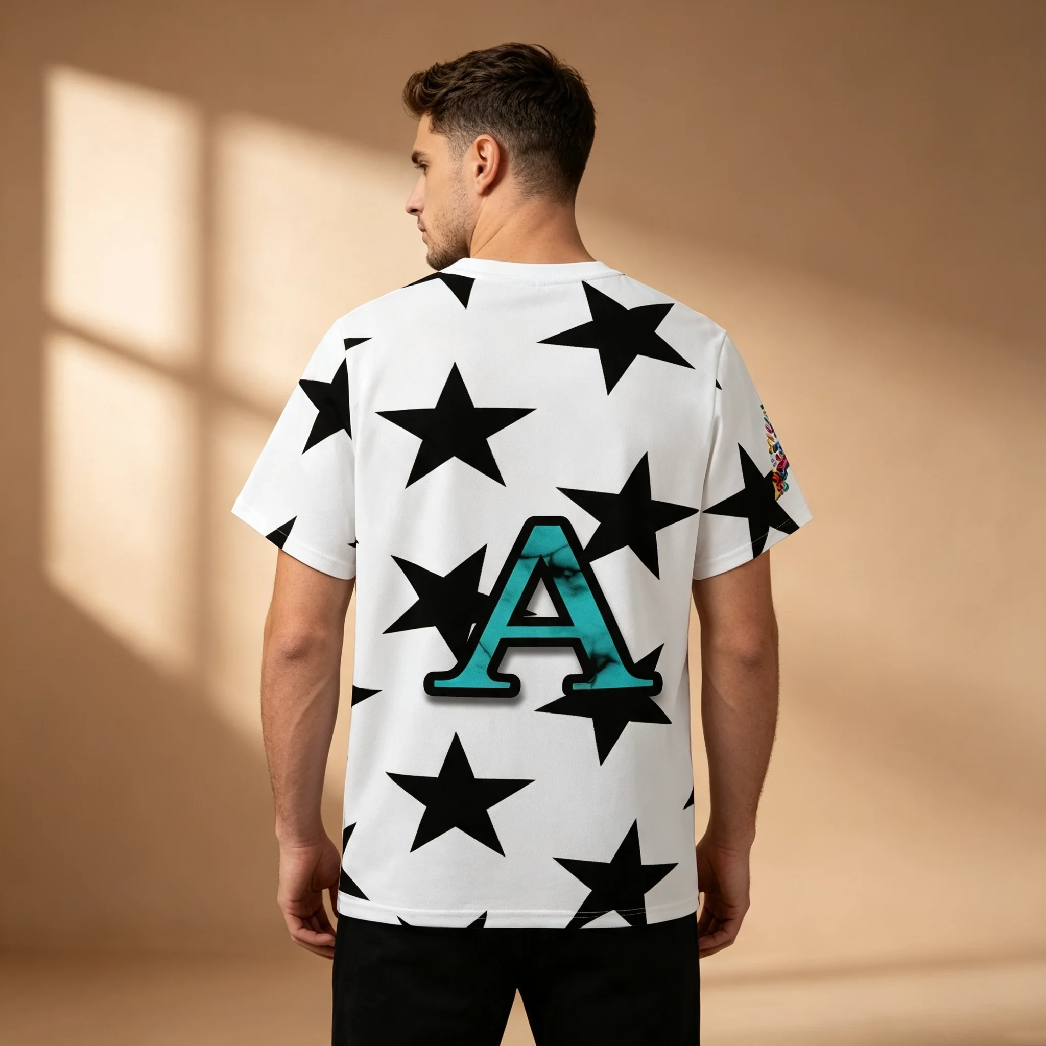 Oversized Men T Shirt Allover Black Star Pattern Turquoise Letter A Print Short Sleeve Hip Hop Streetwear Crew Neck Casual Tee