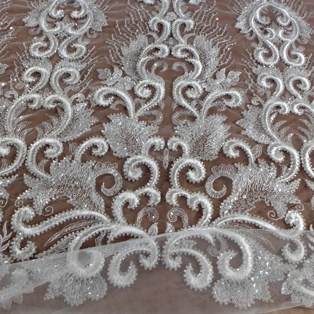 HelluyerDC White heavy beading lace fabric,large patterns 125cm width lace for fashion,wedding,evening,dance gown by the yard
