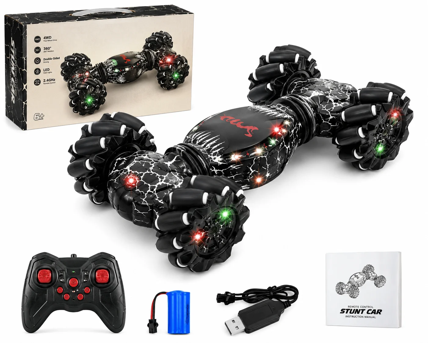 

Remote Control Stunt Car, 360° Rotating RC Car with 4WD Double-Sided Driving, LED Lights, Gesture Stunt Toy Car with Rechargeable Battery for Kids