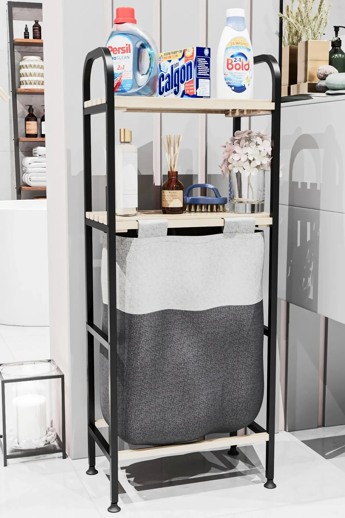

Modern Laundry Basket Wooden Shelf Dirty Basket With 2 Layers Multi-Purpose Bathroom Organizer With Decorative Shelf