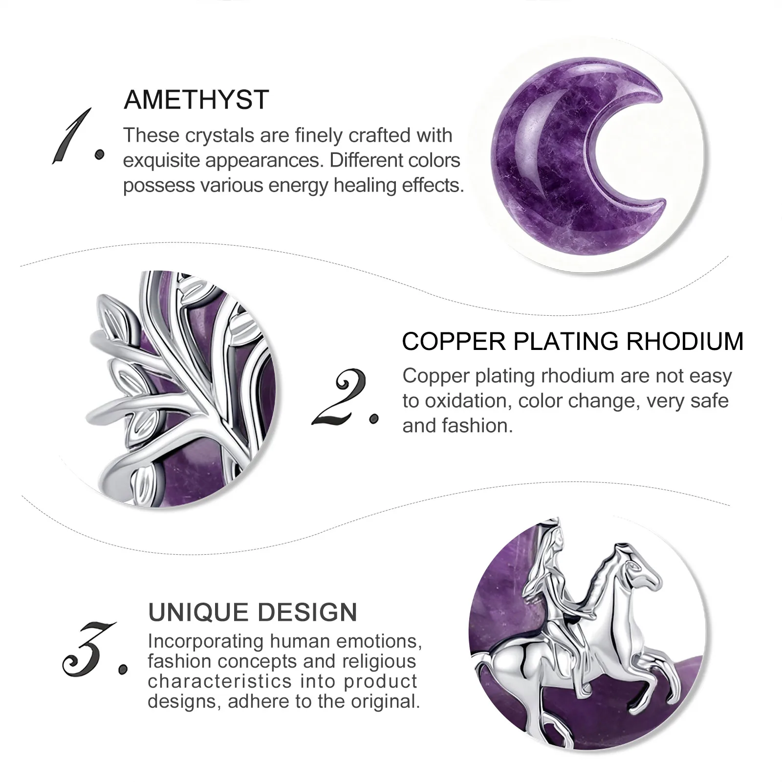Eudora Amethyst Horse Girl Necklace Crescent Moon Tree of Life Pendant Spirit Animal Jewelry Spiritual Protection Gift for Women 5