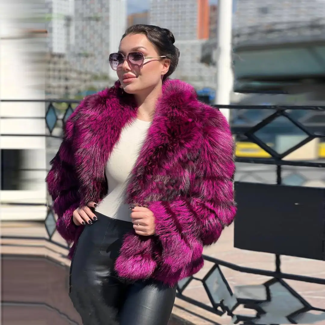 Thick Natural Silver Fox Fur Jacket Lapel Collar Winter Fashion Woman Whole Skin Genuine Fox Fur Coat Female Outwear Trendy