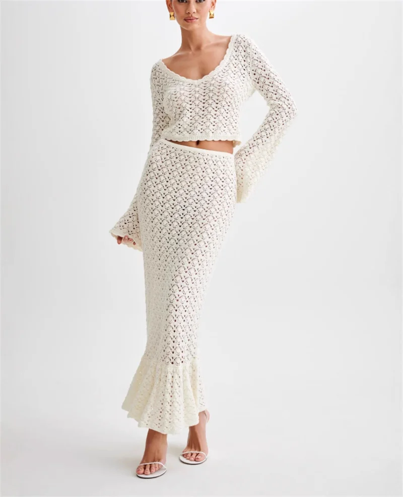 

2 PCS Beach Flounce Knit Dress Sexy Long Sleeve Crop Top and High Waist Skirt Salon Wrap Women Hollow Crochet Bikini Cover-up
