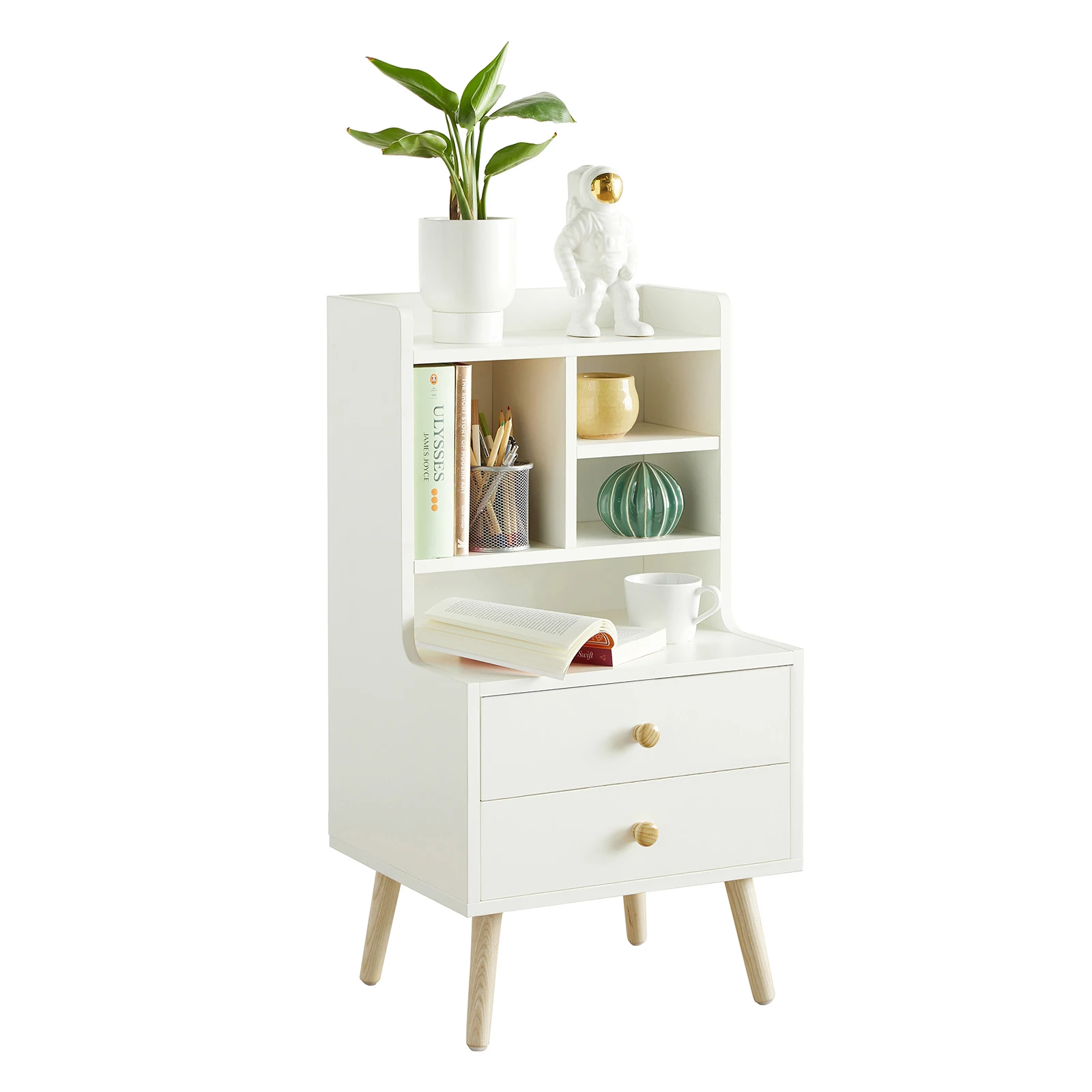 SoBuy FBT100-W Mesita de noche con 2 cajones y compartimentos abiertos, mesa auxiliar para sofá, mesa para teléfono, mueble nocturno, cómoda