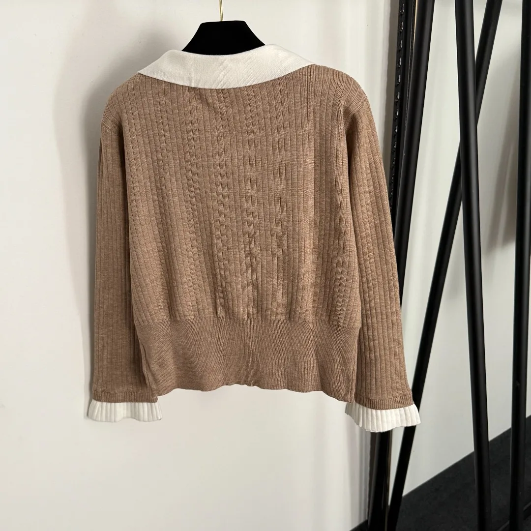 

2025 Early Autumn Women's Knitted Suit Fake Two-Piece Splicing Lapel Long-Sleeved Knitted Cardigan High-Waisted Knitted Skirt