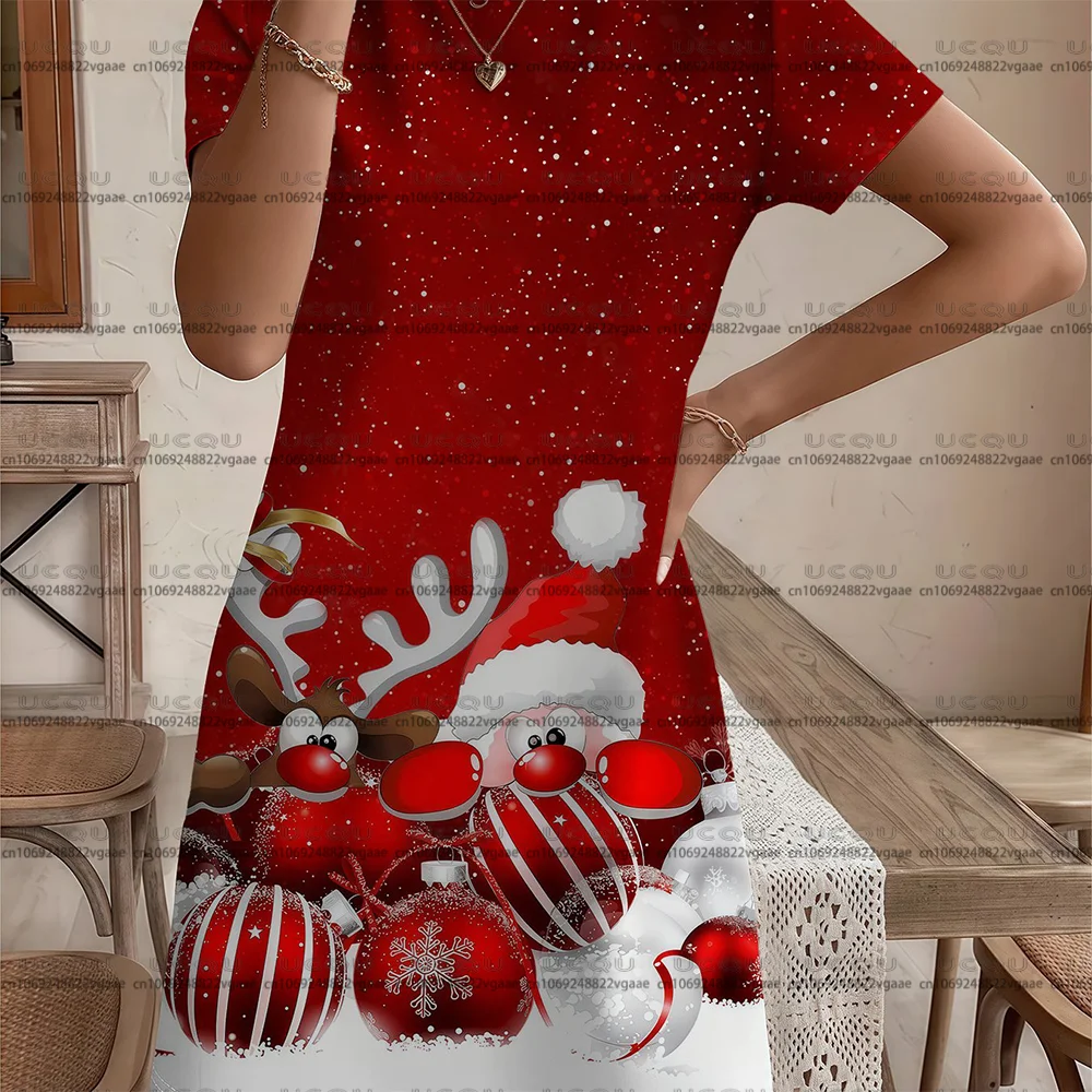 المرأة عيد الميلاد سانتا طباعة فستان ماكسي الفتيات تي شيرت فستان عادية تي شيرت تنورة هدية حفلة Y2k الملابس عطلة الاحتفالات