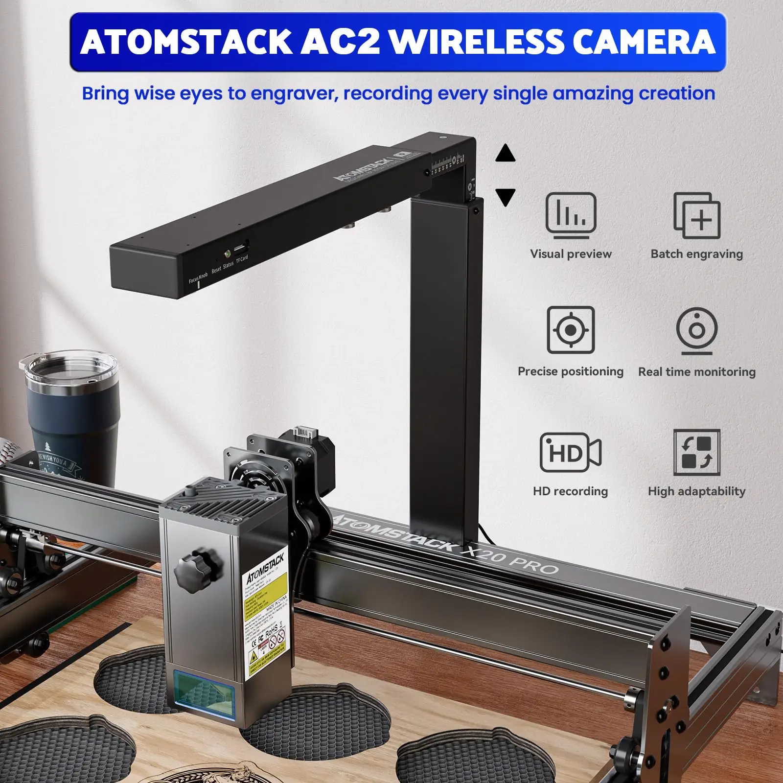 ATOMSTACK AC2 telecamera Wireless per taglierina per incisore Laser 2MP Pixel Lightburn Camera 400*400mm 1080P risoluzione ad alta definizione