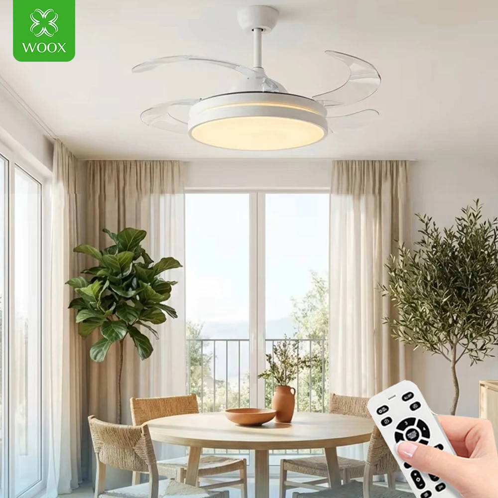 Ventilador de techo de alta calidad con motor de cobre DC, luz y control remoto. Potencia total: 80 W. Ventilador silencioso de 42", con función de temporizador, inversión de giro y memoria. Luz LED ajustable de 50 W que cuida la vista