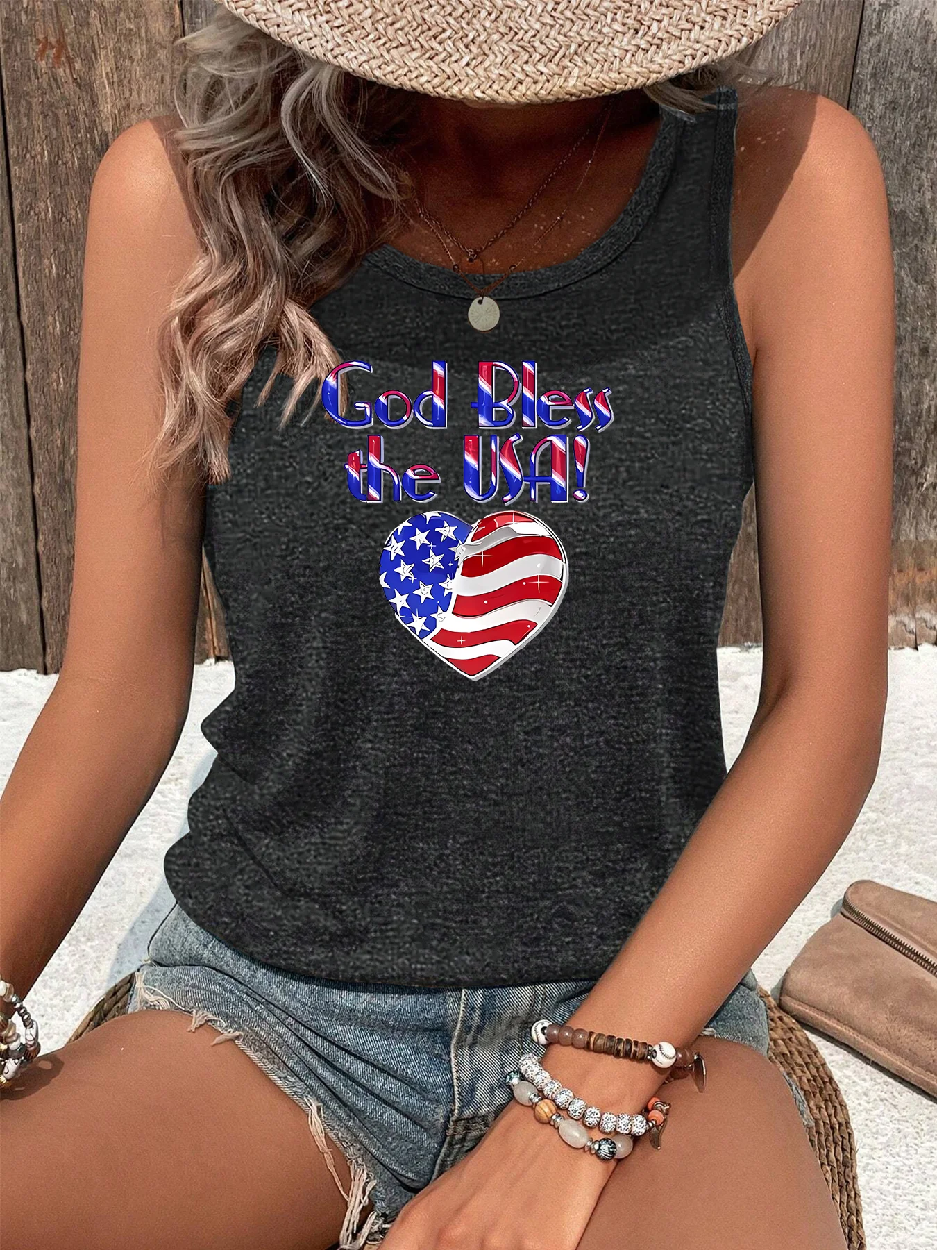 God Bless The Usa American Flag Heart Print Fashion Funny Sports Women's Tank Top Loose O Neck Sleeveless Casual Tank