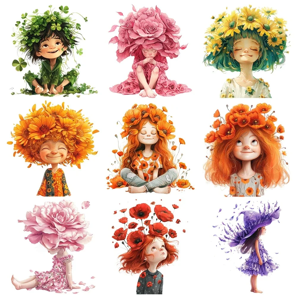 Autocollant de transfert de chaleur à repasser pour fille et garçon, esprit créatif de fleur, pour vêtements, vinyle peint, T-Shirt thermique lavable, 15cm