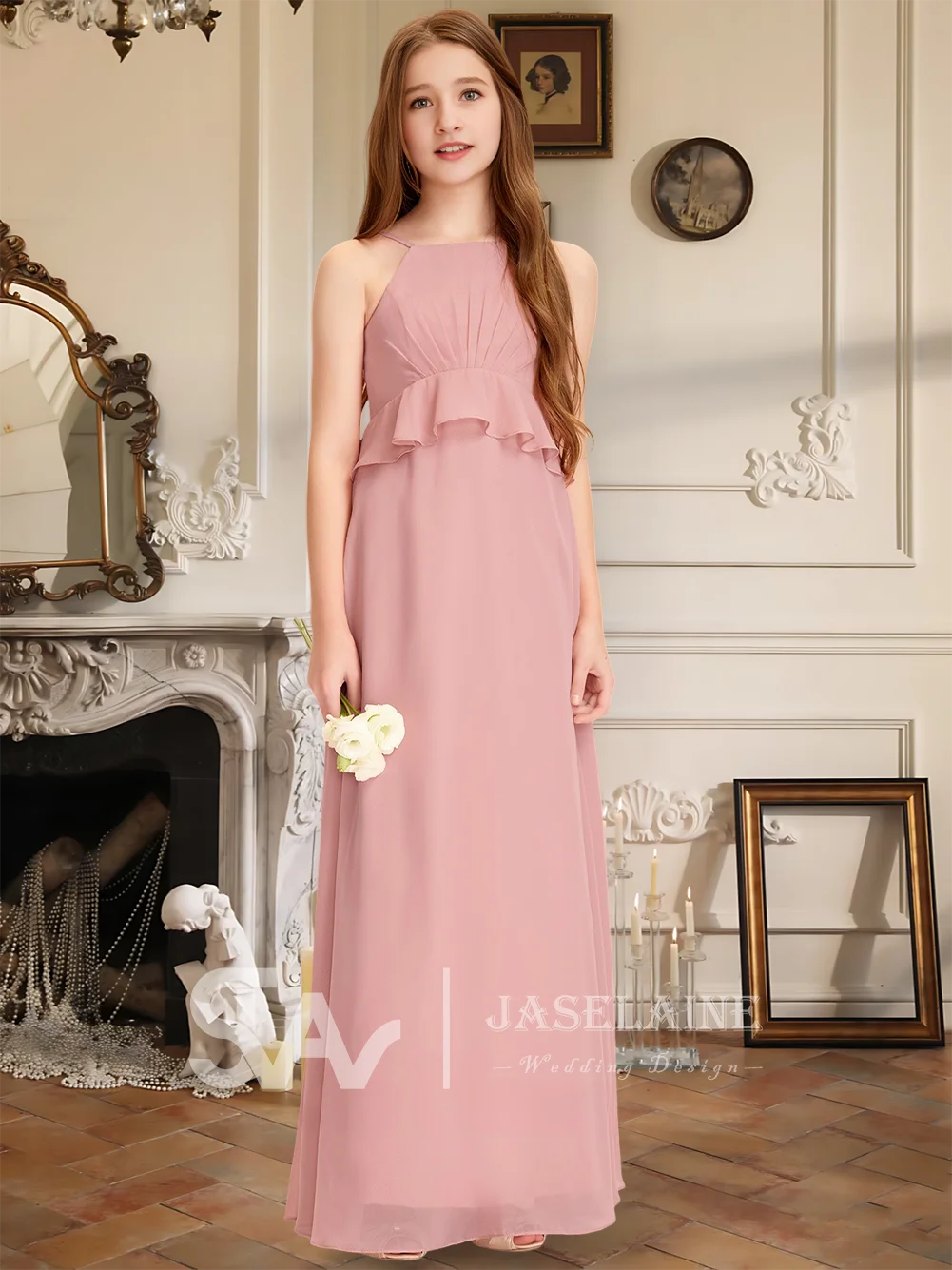 Элегантное трапециевидное платье с лямкой на шее длиной до пола, платье для подружки невесты, шифоновое каскадное платье с оборками для девочек, вечерние, свадебное, торжественное платье с цветочным узором для девочек