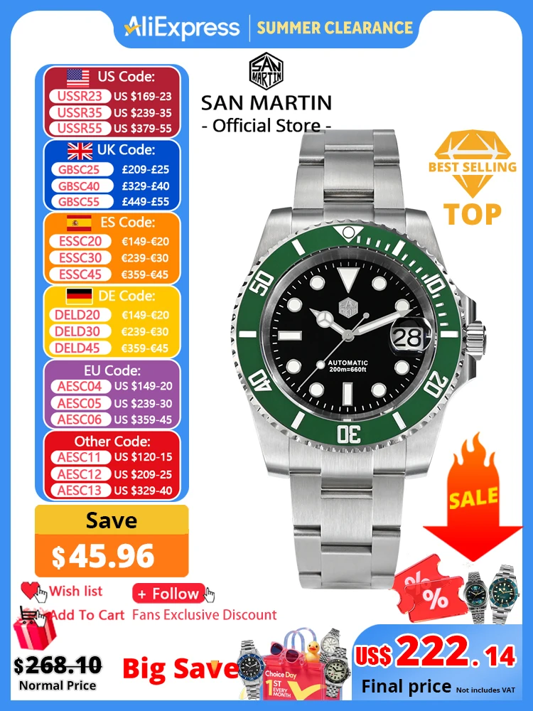 San Martin – montre de plongée Water Ghost pour hommes, 40mm, luxe, ST 2130, automatique, mécanique, saphir, étanche à 200m, SN0017