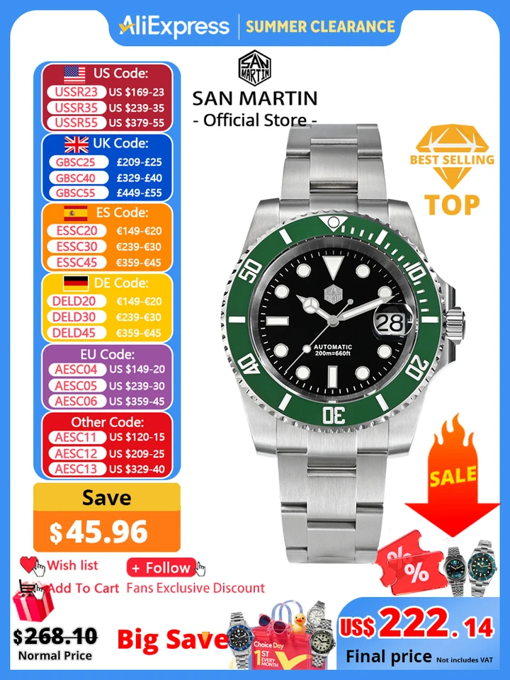 サンマーティン 40mm ダイバーズウォッチ 自動巻き 200m防水