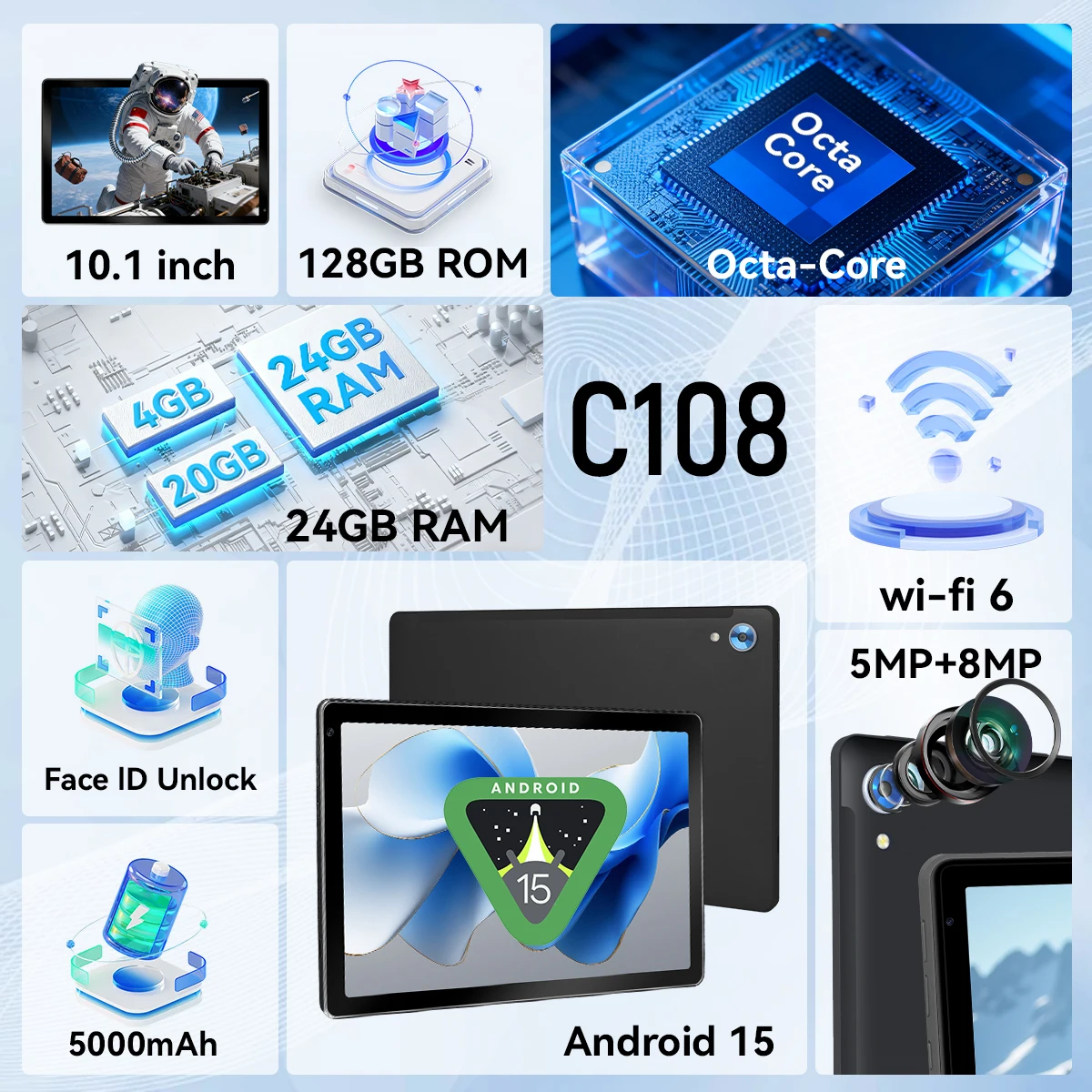 C108 10.1 Inch Tablet Octa-Core Processor 10GB+128GB Android14 Tablet With Case Headphones Wireless Keyboard Mouse Stylus Pen