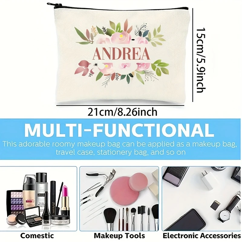Vibrant Floral Custom Name Makeup Bag Polyester Zipper Light Fade Resistant Travel Cosmetic Pouch Bachelorette Party Gift