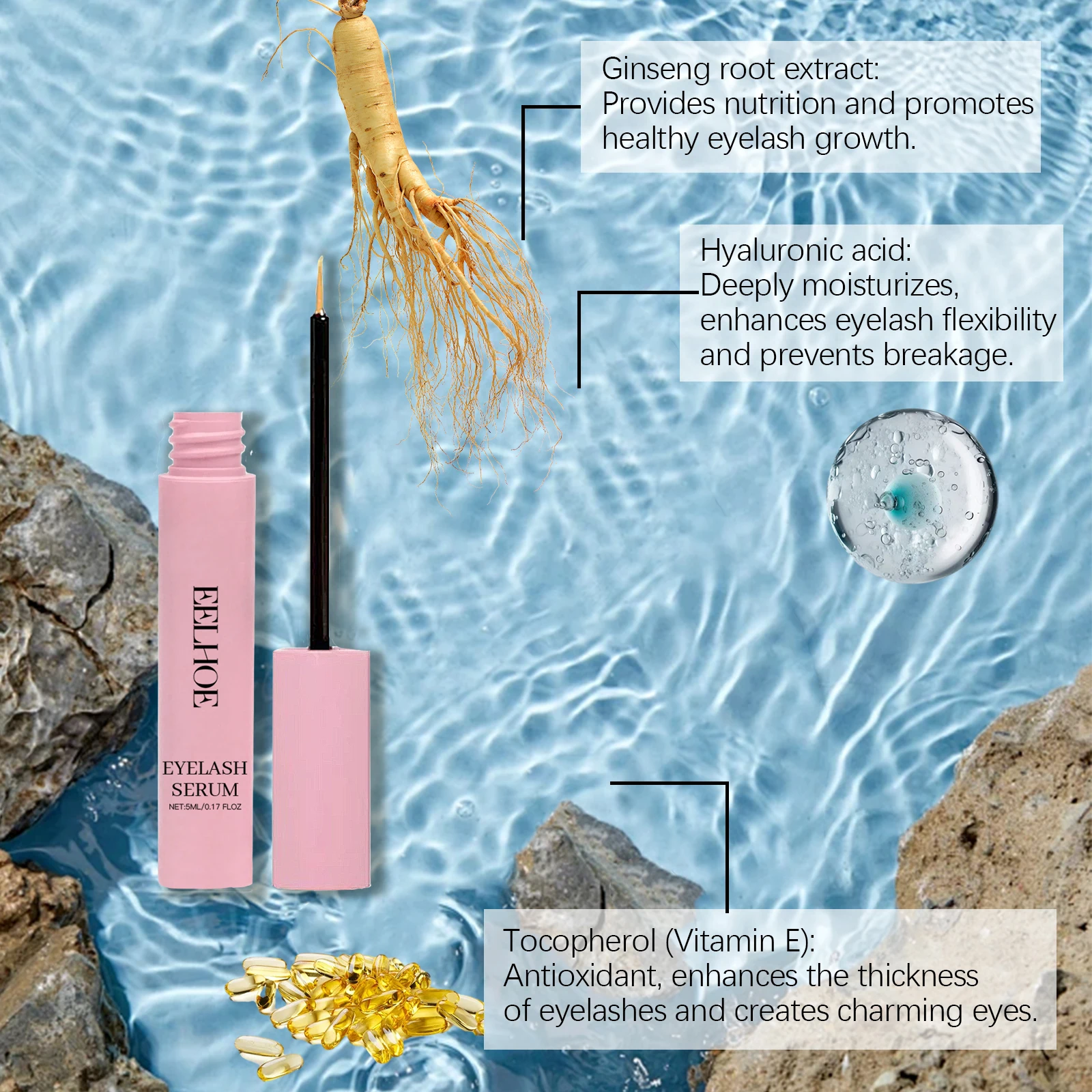 Eelhoe 5ml Serum wzmacniające rzęsy Lash Curly Wydłużenie Naturalny makijaż Podnoszenie rzęs Brwi Odżywiające Zagęszczające Serum do rzęs