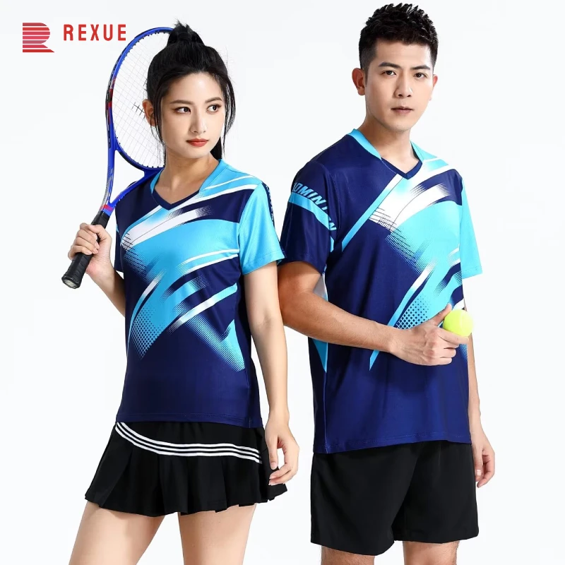 Uniformes masculinos e femininos de badminton, camiseta de manga curta com logotipo estampado, roupas esportivas de malha grande, branco, azul