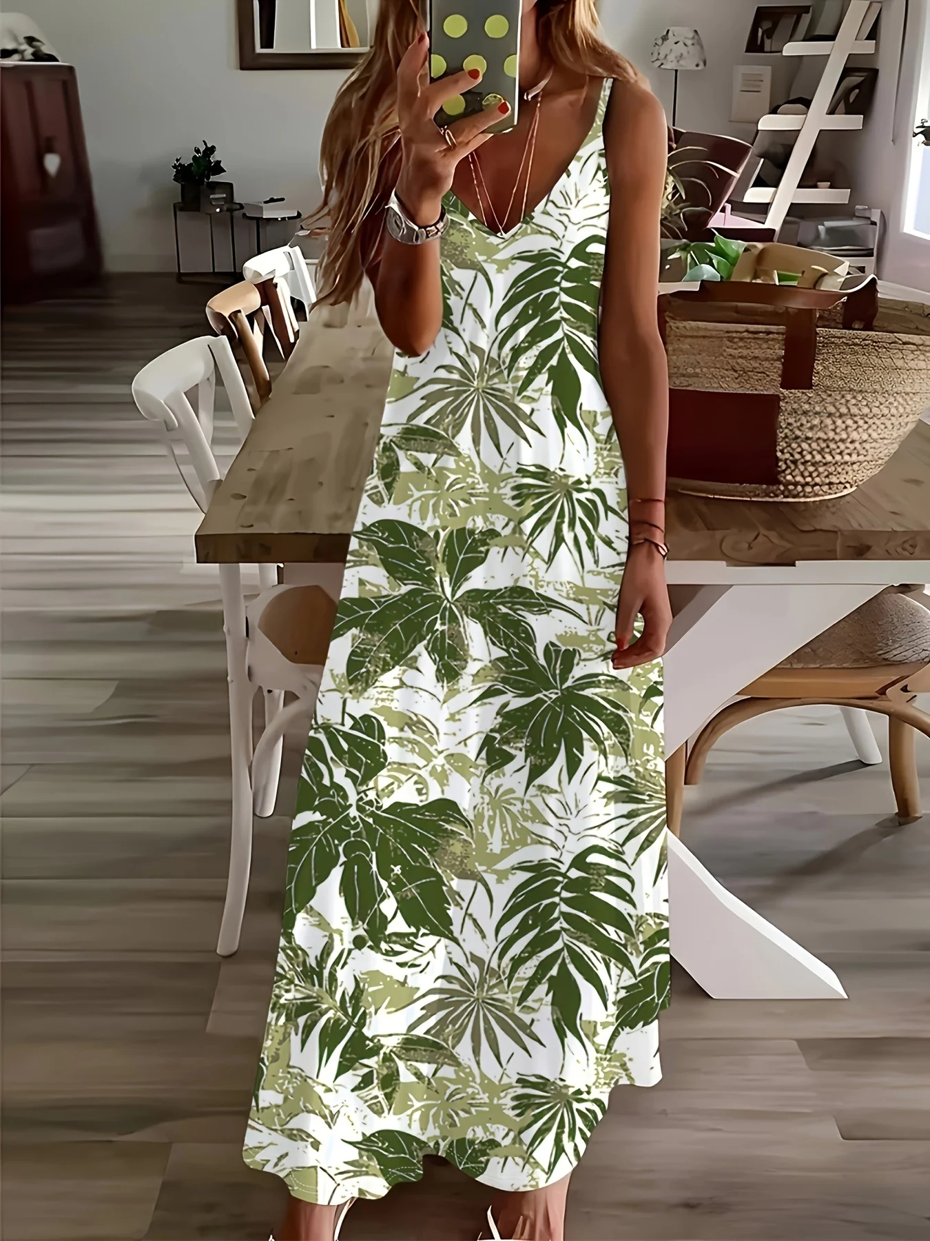 Printed Design Tropical Leaf Pattern Print Dress Four Seasons elegant style casual style sling dress