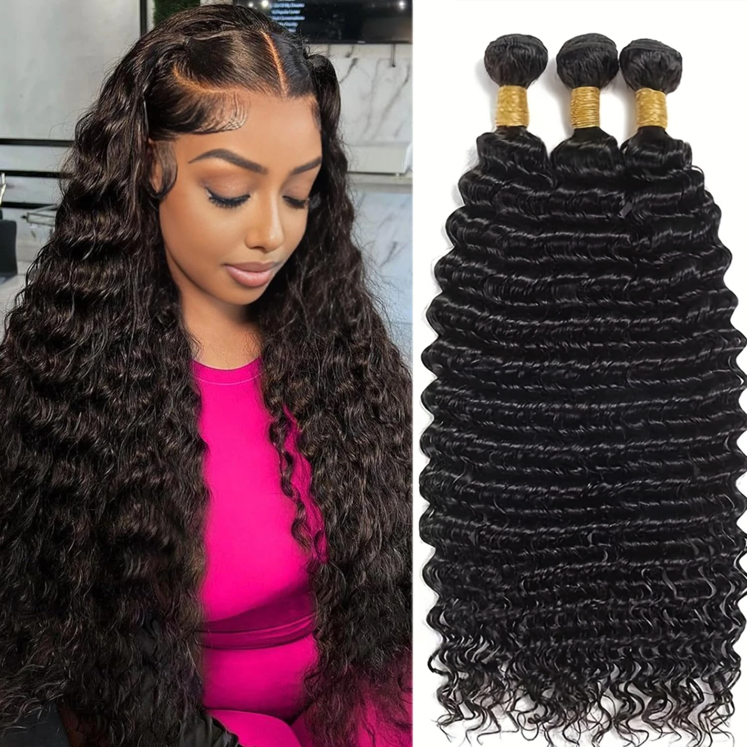 Deep Wave Human Hair 1 3 Bundles Premium Deep Wave Bundles 100% Human Hair Bundle Human Hair Extensions Natural Black For Women