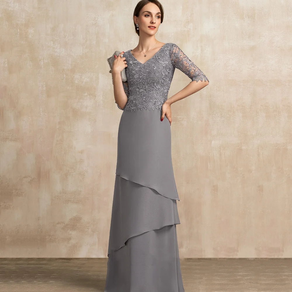 

Customized Grey A Line Chiffon Mother of Dresses Elegant Lace Evening Gown Formal V Neck Dress vestido invitada boda