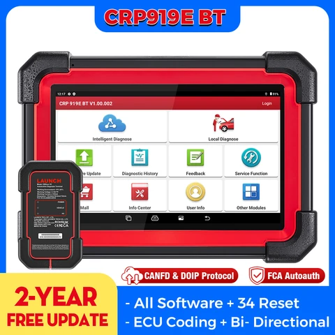 Диагностический сканер LAUNCH X431 CRP919E BT OBD2, двунаправленный диагностический инструмент, с поддержкой CAN FD/DoIP, диагностика всех систем на уровне OE, с адаптером BT.