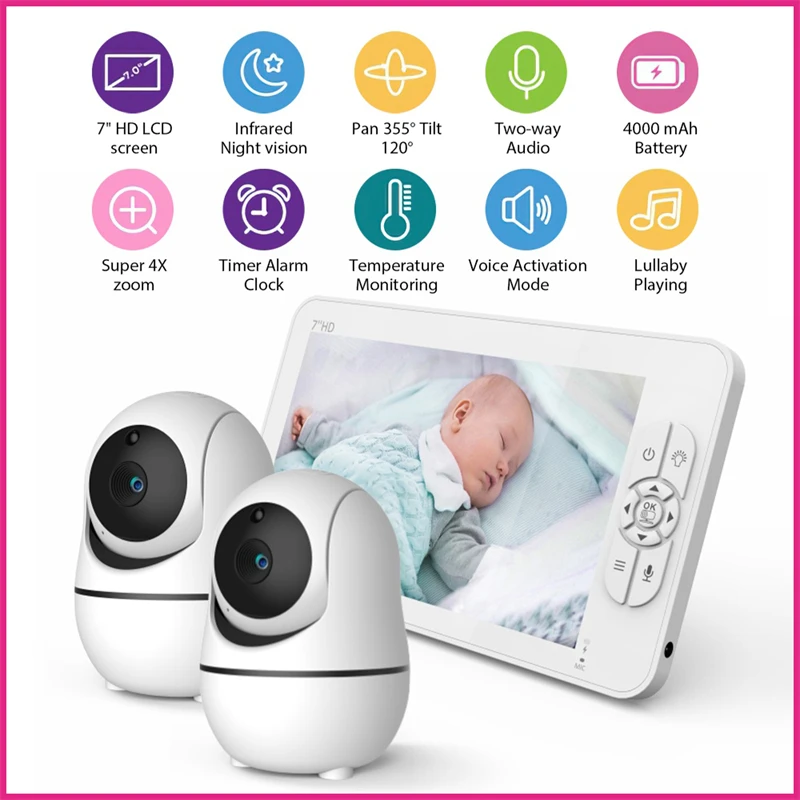 7 Inch Video Baby Monitor HD Split Screen with 2 Cameras Pan Tilt 4X Zoom 2 Way Audio Night Vision 4000mAh Battery Babysitter