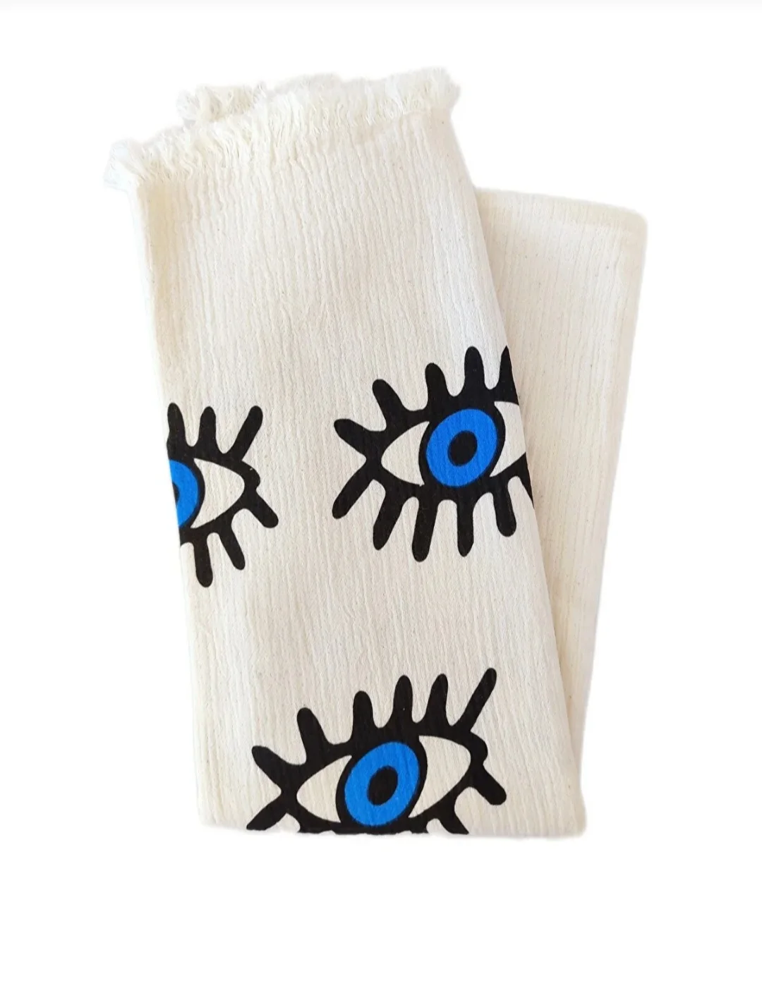 

Double Layer Muslin Hand Printed Evil Eye DEsign Turkish Peshtemal Beach and Bath Towel