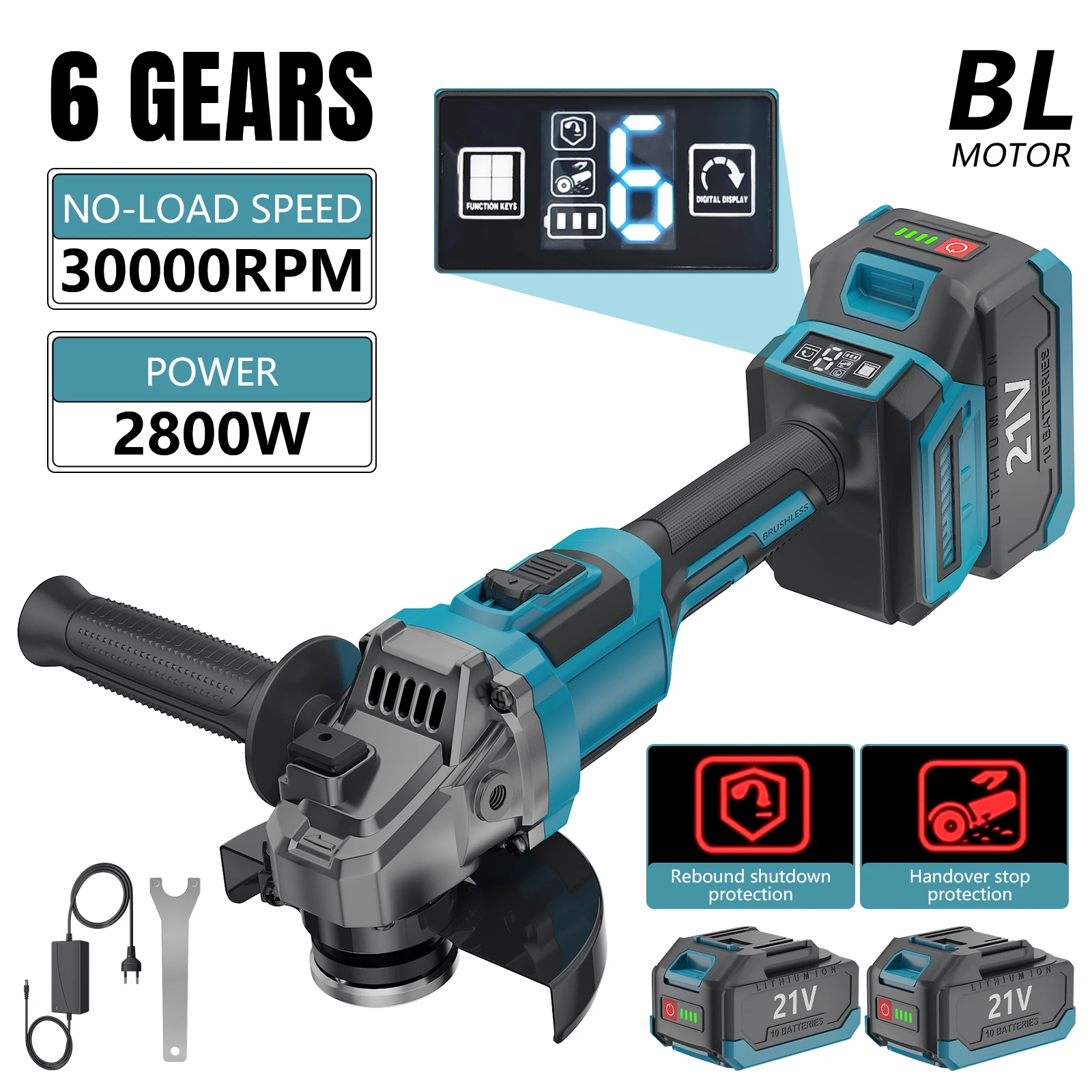 Amoladora angular sin escobillas de 21 V, con 6 velocidades ajustables, protección contra retroceso, protección para evitar golpes accidentales, modo de ahorro de energía y motor de alta potencia 5035.