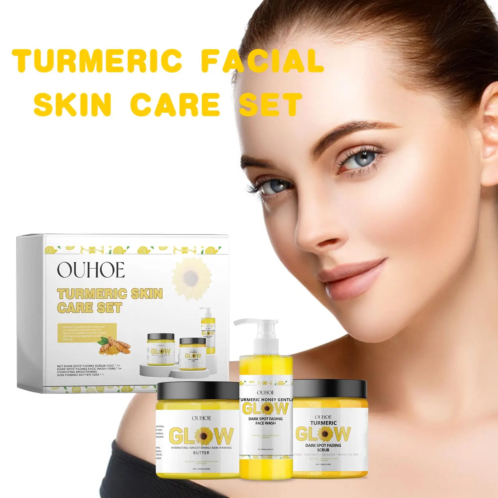 Ouhoe 1set Turmeric Face Skin Care Set Clean Skin Exfoliating Cream Hydrate Oil Control Dark Spots Remove Glowing Skin Care Set