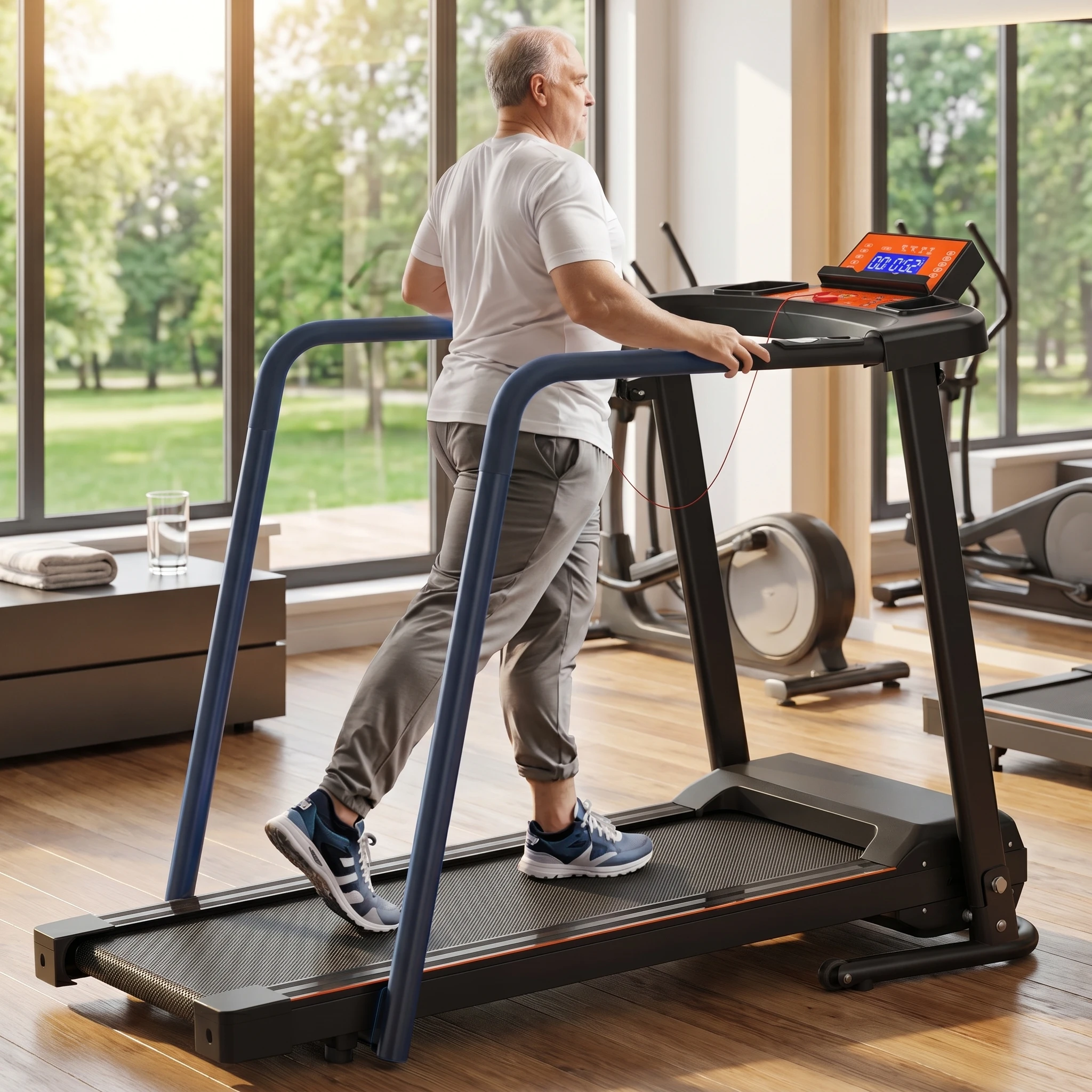 Tapis de course compact pliable pour seniors, portable, avec accoudoirs étendus pour l'équilibre et la récupération, contrôle par application, touches de sécurité, résistance 120 kg, Fitshow Virtual Stretches Home