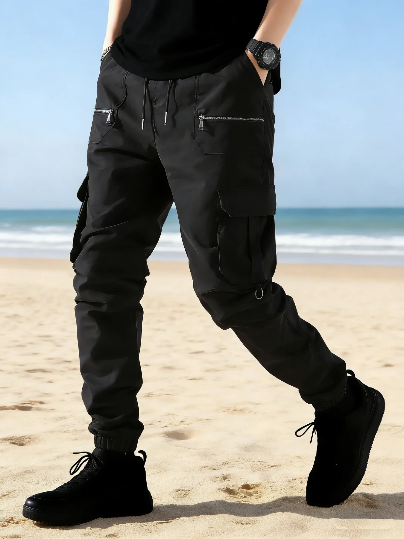 Casual men's cargo pants, solid color, simple and stylish, soft and comfortable, suitable for outdoor jogging, suitable for all