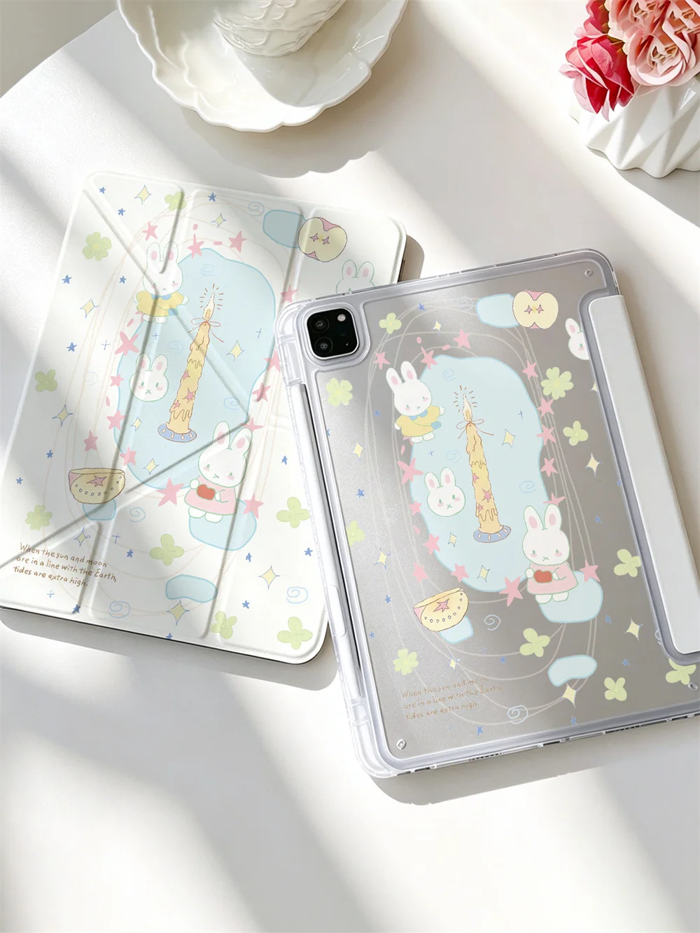 Kawaii Candle Bunny Print Y-fold iPad Case With Pencil Holder Shockproof Protective Cover For iPad Air3/Air4/Air5/Air6/Air7/Air8