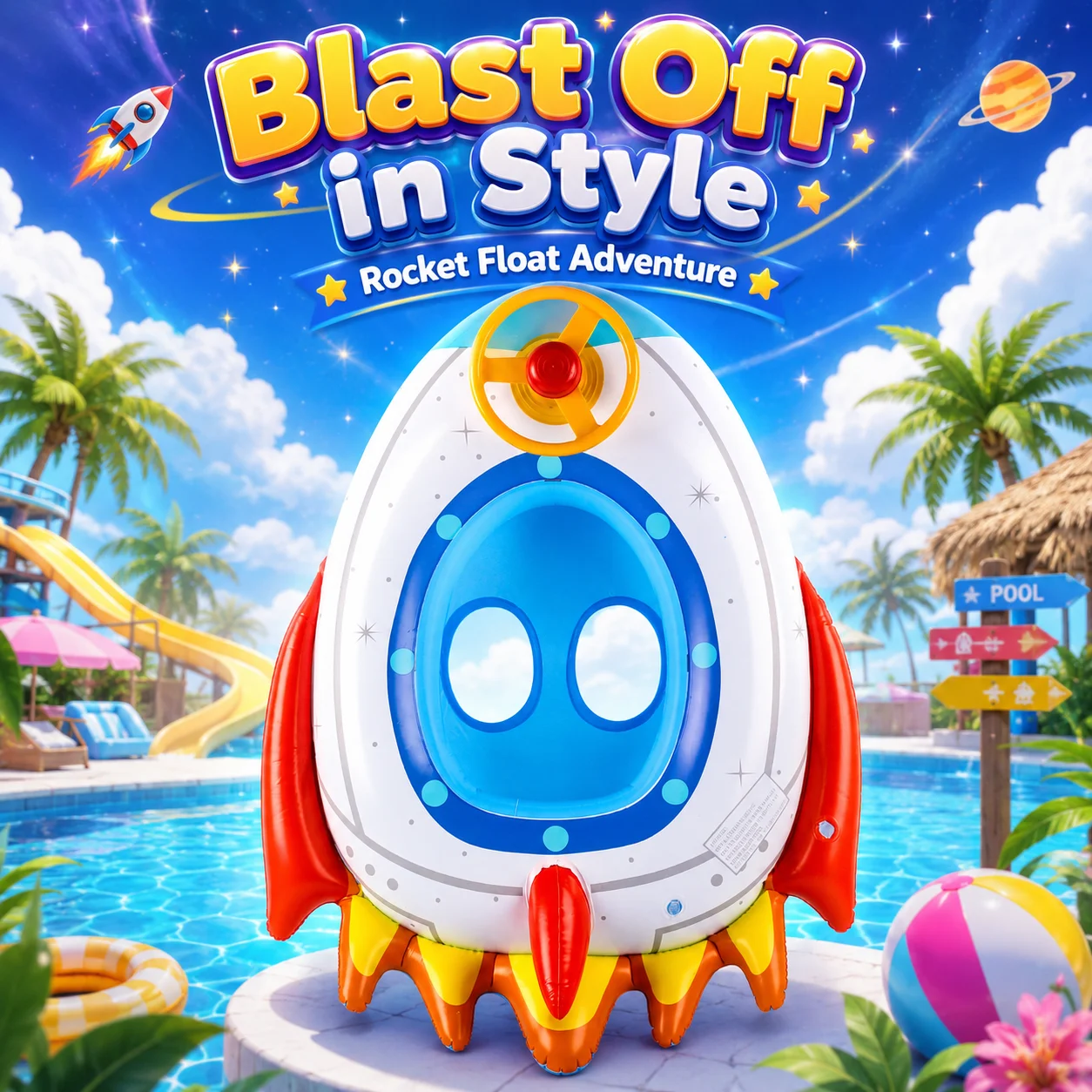 1PC Inflatable Rocket Pool Float Seat with Steering Wheel, Stable Ride-On Water Float, Quick Inflation Leak-Proof Floating