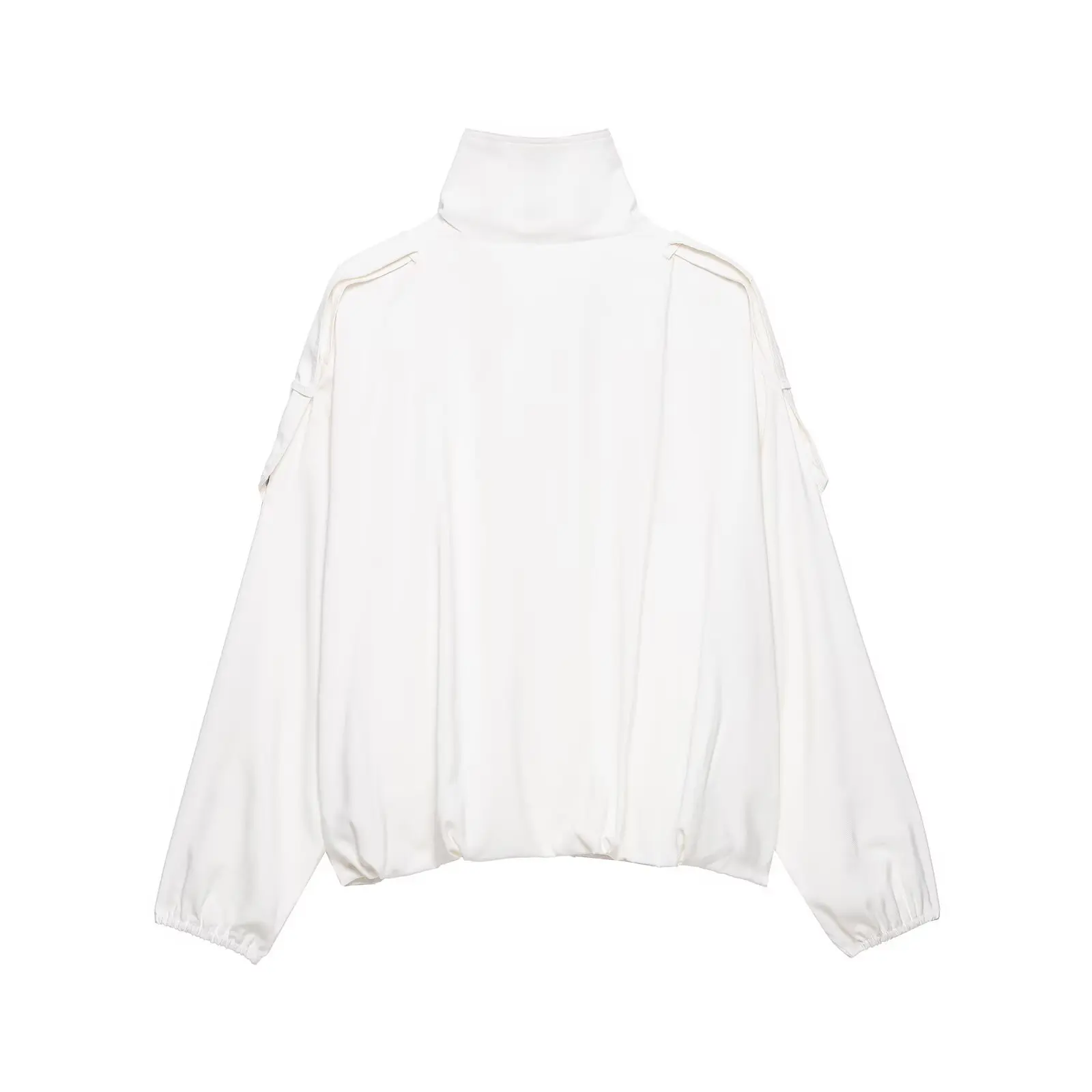 Women White Stand Collar Jacket Button Front Cargo Sleeve Pocket Loose Bomber Coat Casual High Neck Casual Outerwear Top