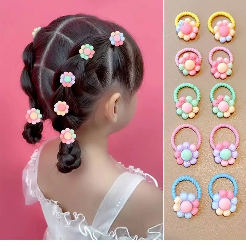 10pcs Kids Girls Tie Cute Flowers Decor Rubber Bands Hair Rope  Accessories