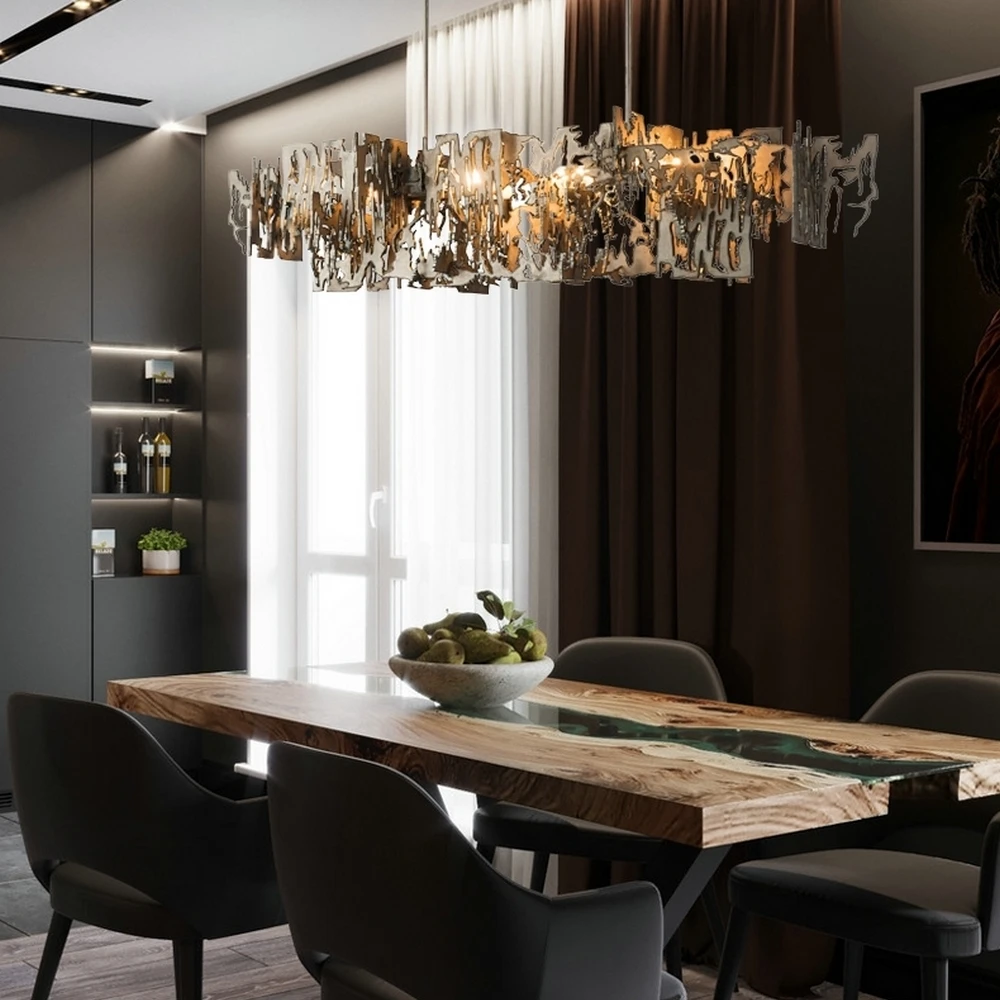 Postmodern Grey/Gold Metal Rectangle Chandelier New Dining Room Kitchen Island Luxury Lighting Pendant Lights Hanging Light