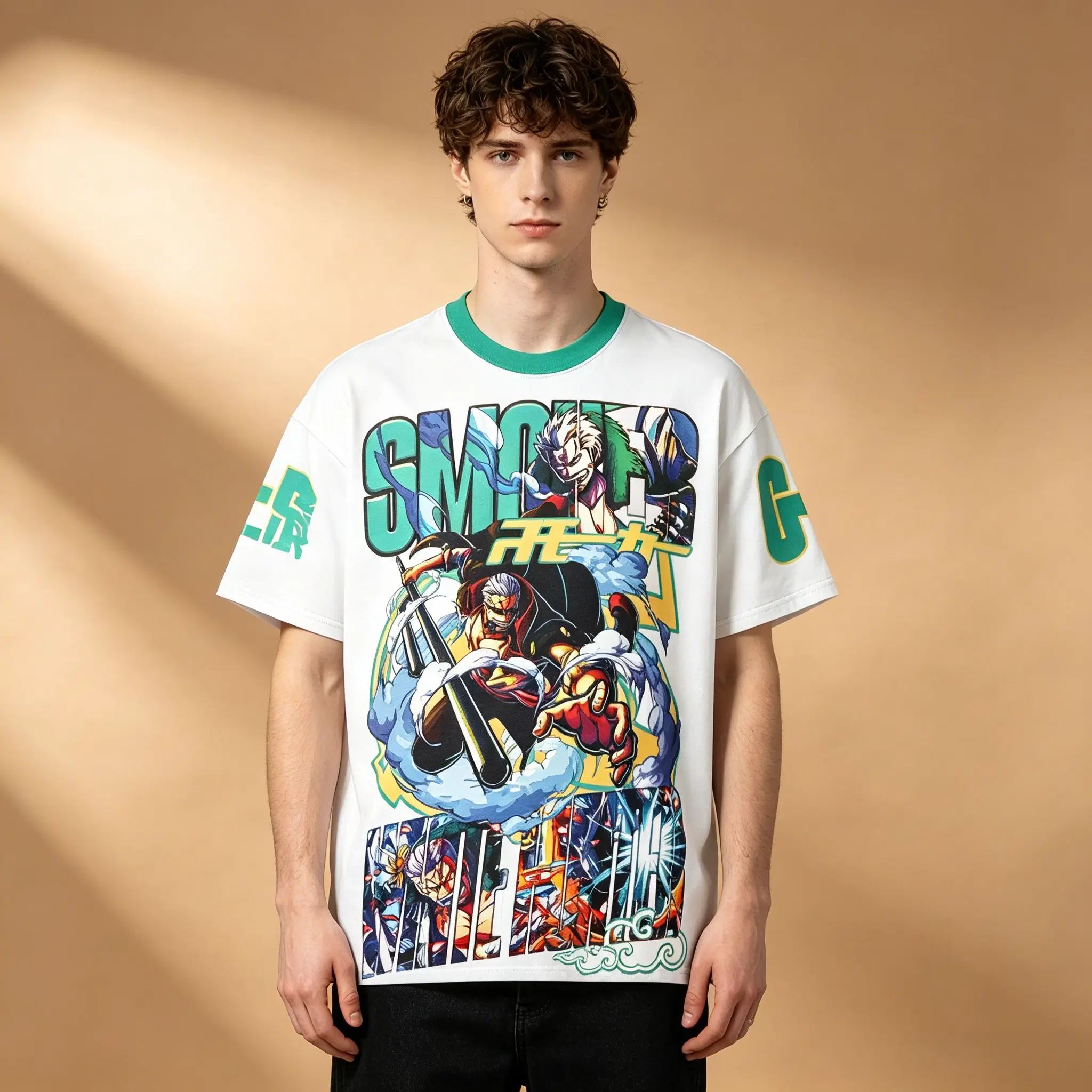 Camiseta de manga corta con estampado de anime One Piece Smoker para hombre, camiseta blanca con cuello verde y estampado de doble cara
